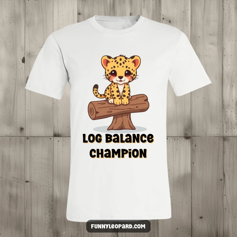 Funny t-shirt graphically representing a leopard cub in a delicate balancing act on a fallen log, showcasing natural agility and fun.