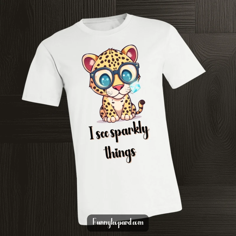 Funny T-Shirt featuring a whimsical leopard wearing oversized glasses, intently examining a sparkling gemstone with an air of delightful curiosity.