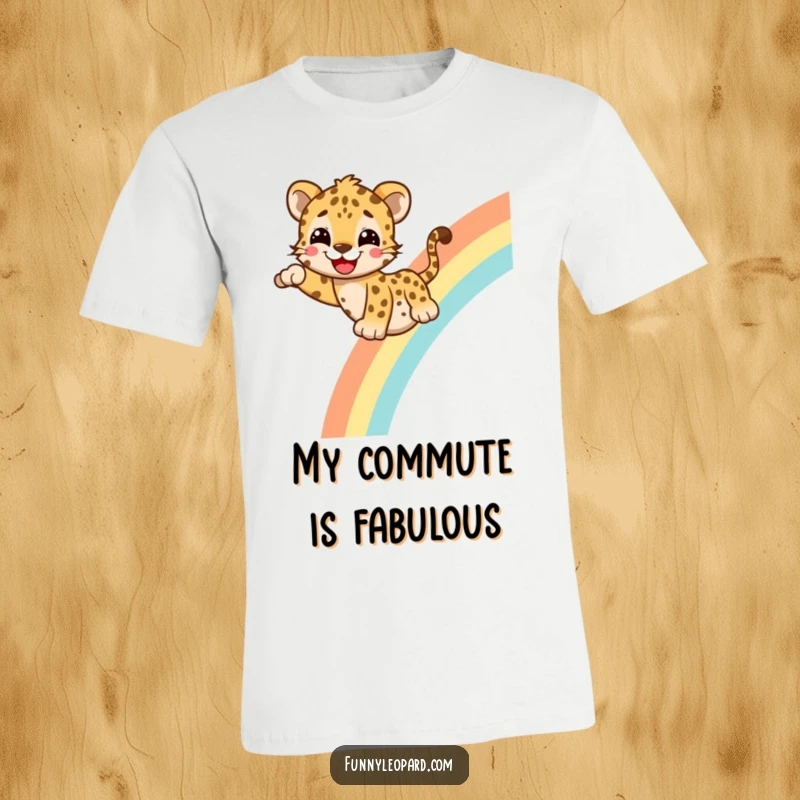 Funny T-Shirt showcasing a happy leopard character sliding down a rainbow with a big grin, radiating pure joy and colorful fun.