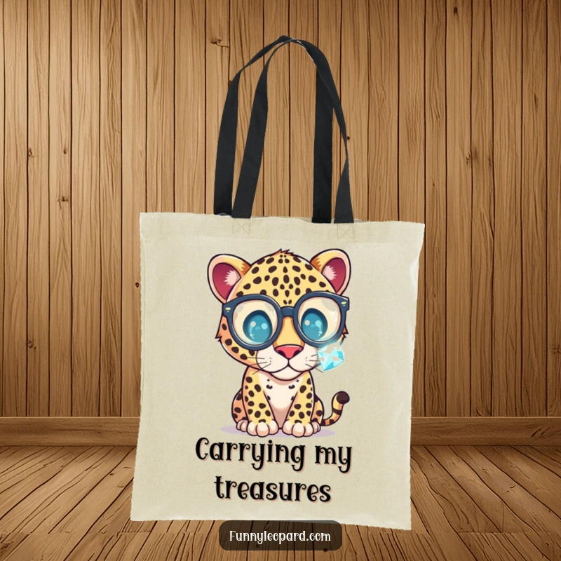 Funny Tote Bag with a whimsical leopard in oversized glasses, examining a sparkling gemstone, perfect for carrying treasures with a curious twist.
